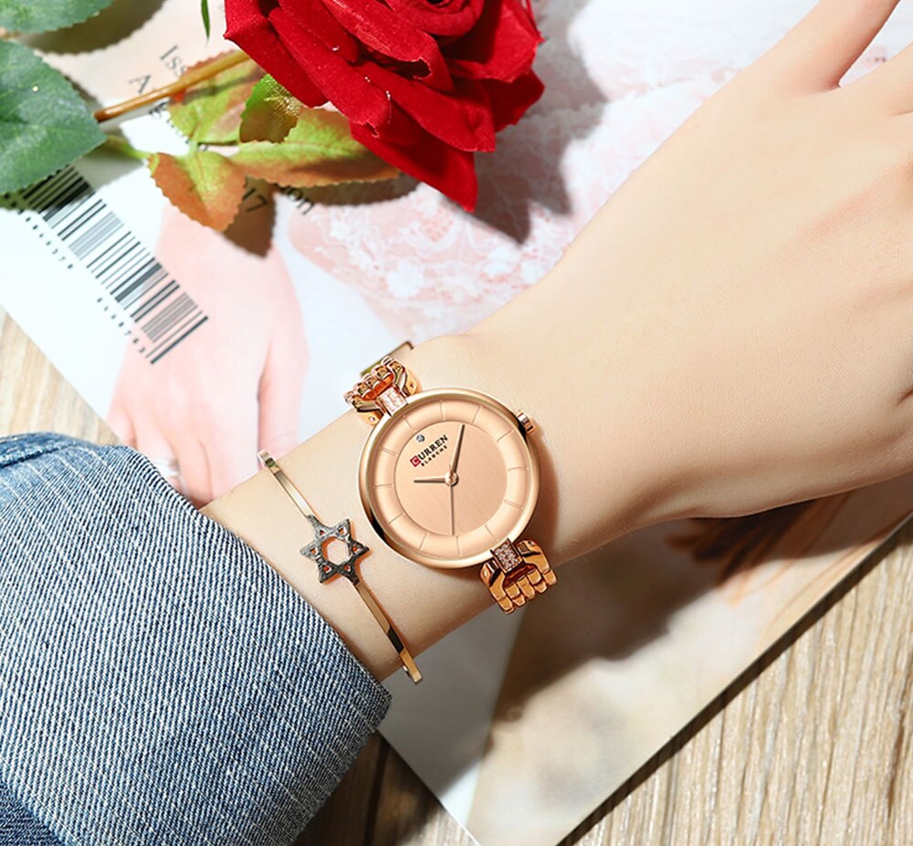 Rose Gold Watches Women CURREN Luxury Simple Quartz Bracelet Wrist Watch Women Watch Style Stainless Steel Band Clock 2019