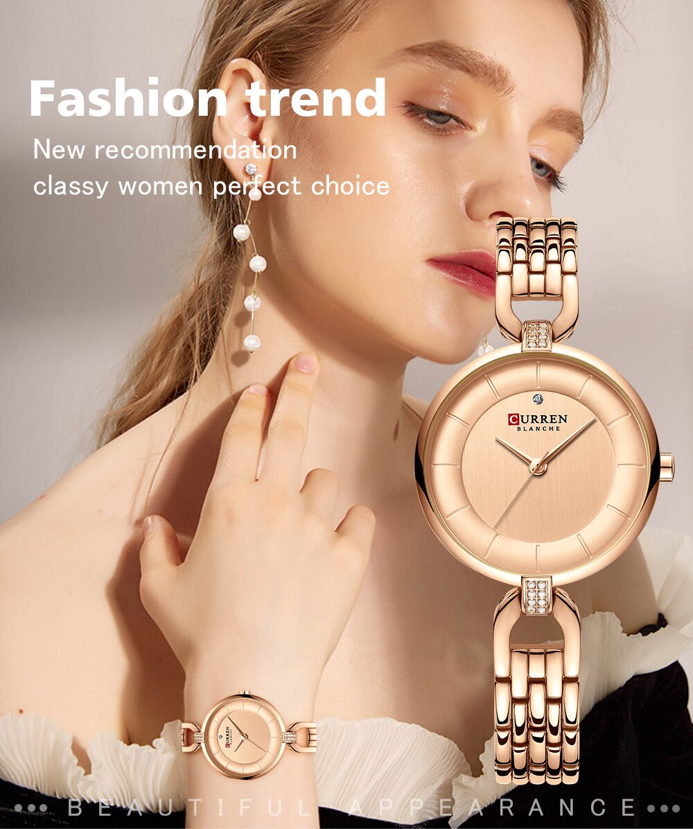 Rose Gold Watches Women CURREN Luxury Simple Quartz Bracelet Wrist Watch Women Watch Style Stainless Steel Band Clock 2019