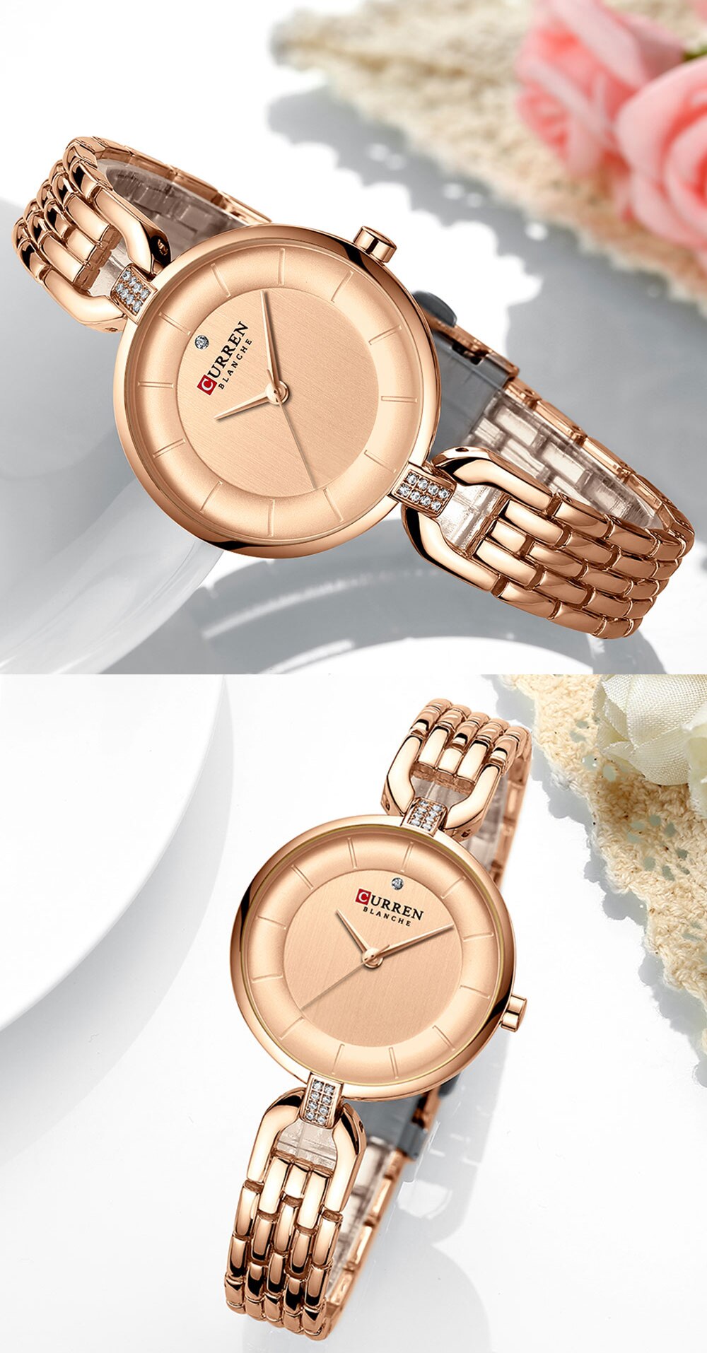 Rose Gold Watches Women CURREN Luxury Simple Quartz Bracelet Wrist Watch Women Watch Style Stainless Steel Band Clock 2019
