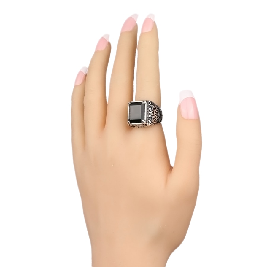 Men's Black Filled Silver Resin Ring