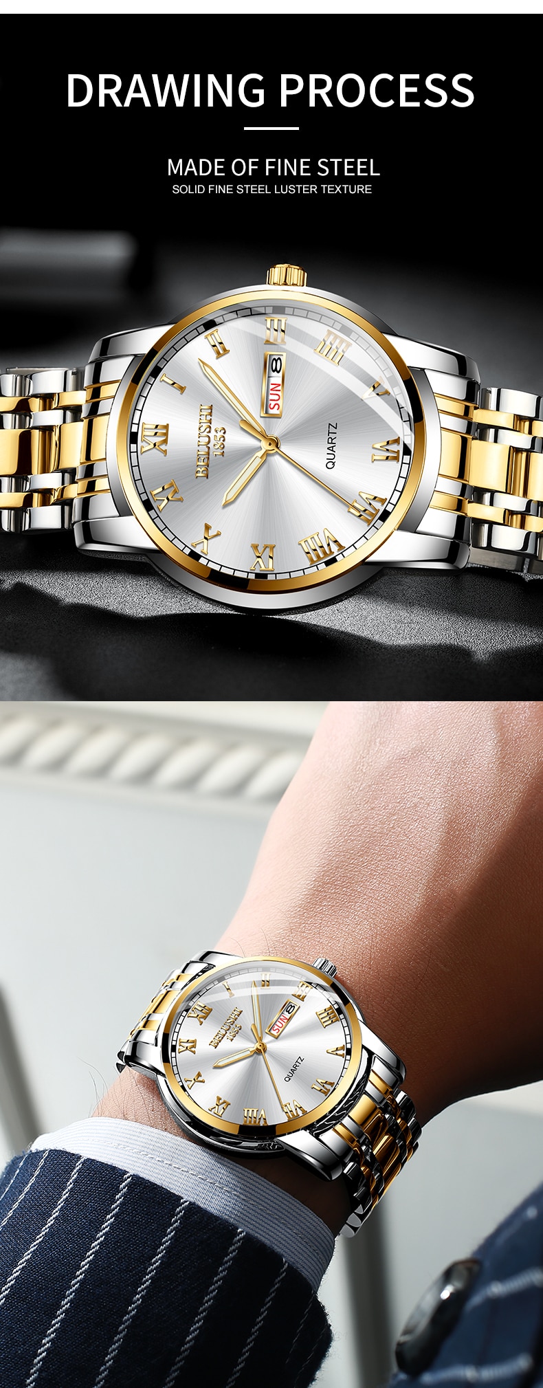 BELUSHI Top Brand Watch Men Stainless Steel Business Date Clock Waterproof Luminous Watches Mens Luxury Sport Quartz Wrist Watch