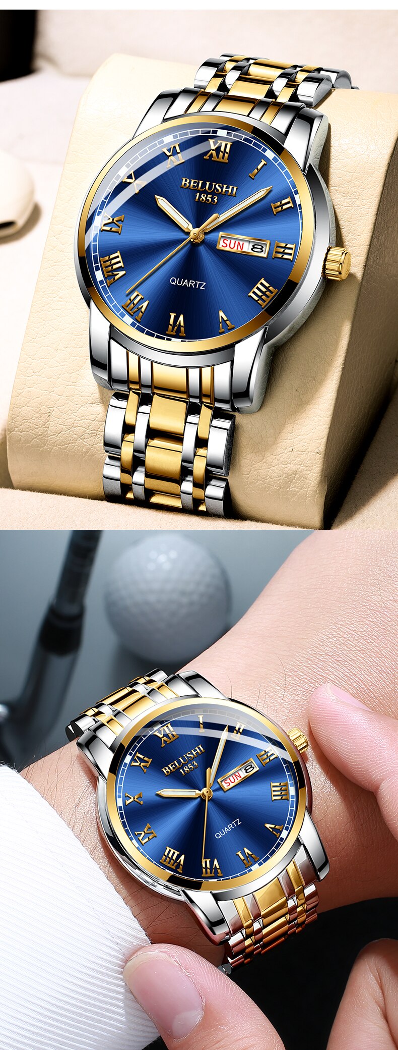 BELUSHI Top Brand Watch Men Stainless Steel Business Date Clock Waterproof Luminous Watches Mens Luxury Sport Quartz Wrist Watch