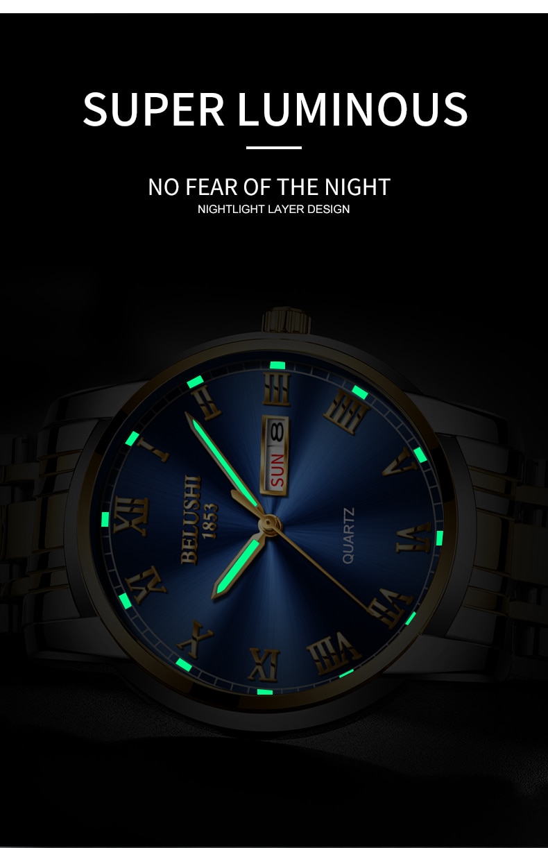 BELUSHI Top Brand Watch Men Stainless Steel Business Date Clock Waterproof Luminous Watches Mens Luxury Sport Quartz Wrist Watch