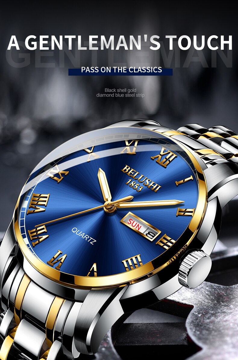 BELUSHI Top Brand Watch Men Stainless Steel Business Date Clock Waterproof Luminous Watches Mens Luxury Sport Quartz Wrist Watch