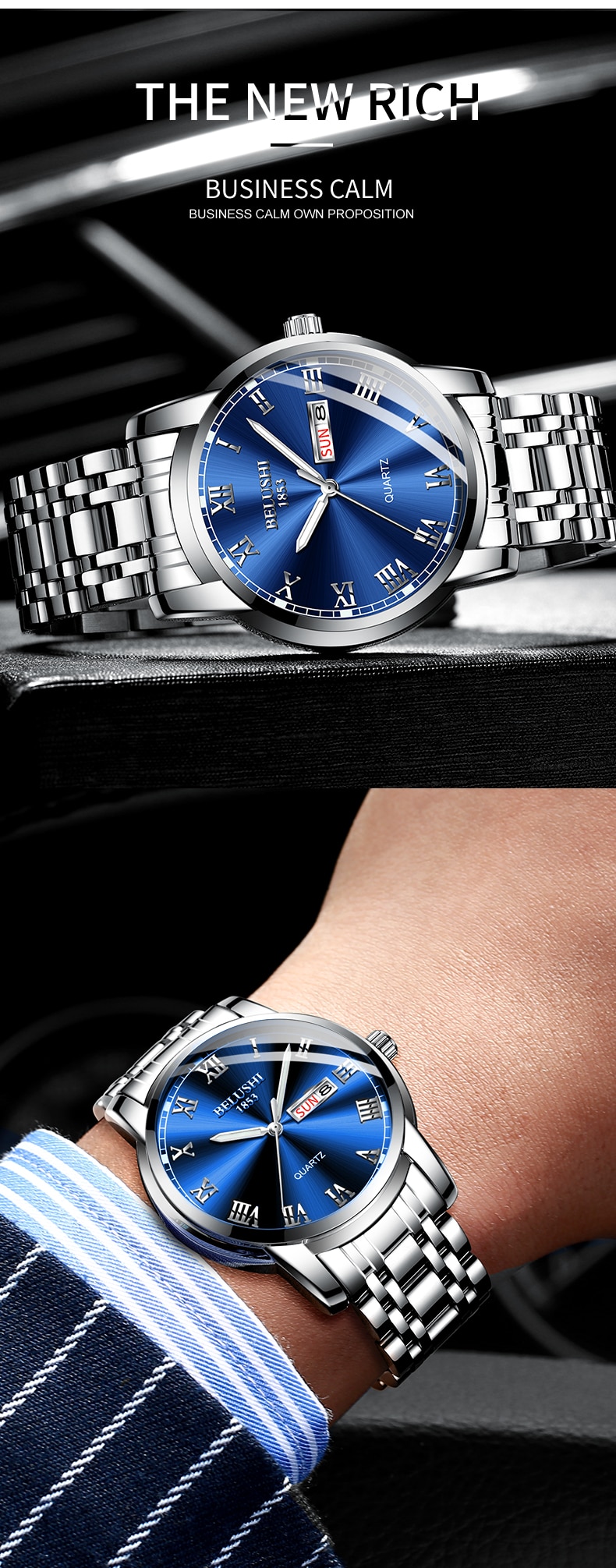 BELUSHI Top Brand Watch Men Stainless Steel Business Date Clock Waterproof Luminous Watches Mens Luxury Sport Quartz Wrist Watch
