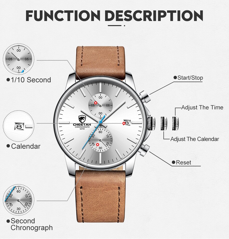 CHEETAH New Men’s Watches Top Luxury Brand Sport Quartz Watch Men Chronograph Waterproof Wristwatch Leather Date reloj hombre