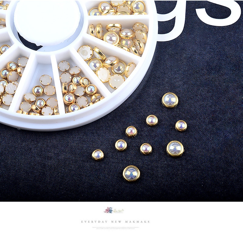 3d Nail Glitter Rhinestone Wrapping Pearls AB Colorful 2MM 3MM Wheel Gold Metal Studs DIY Beauty Nail Art Decorations