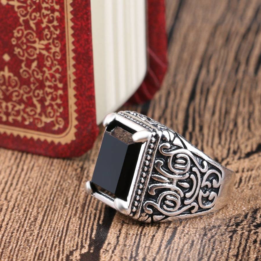 Men's Black Filled Silver Resin Ring
